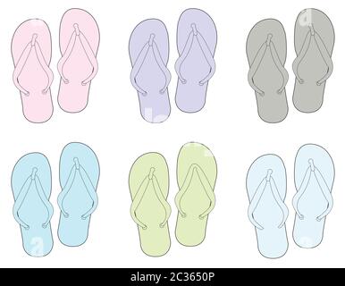 Mehrere colot flip flop Schuh outline Silhouette auf weißem Hintergrund Stockfoto