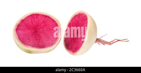 In der hälfte frische Wassermelone Rettich auf weißem Hintergrund Stockfoto