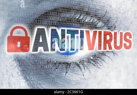 Antivirus-Auge mit Matrix schaut Betrachter Konzept. Stockfoto