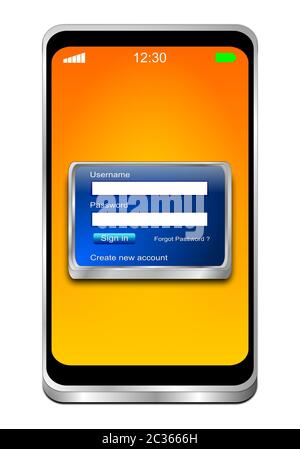 Smartphone mit blauem Anmeldebildschirm auf orangefarbenem Display - 3D-Abbildung Stockfoto