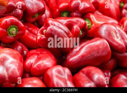Ein paar frische rote Paprika bereit zum Verkauf Stockfoto