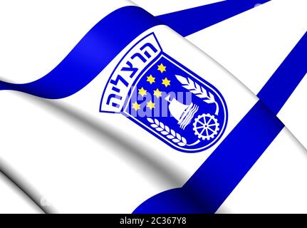 3D-Flagge von Herzliya, Israel. 3D-Darstellung. Stockfoto