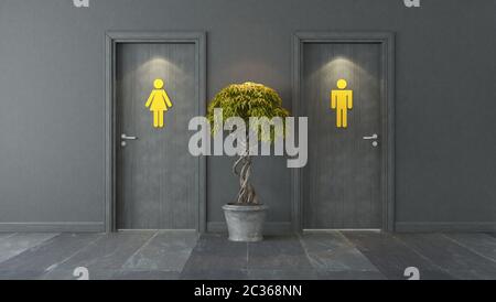 Schwarze Toiletten mit dunkler Wand, Punktlicht, Pflanzen, schwarzem Steinboden und gelbem Schild für Ihr Projekt 3D-Rendering Stockfoto