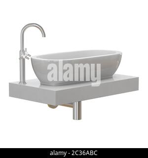 Weißes Waschbecken mit einem Wasserhahn für das Badezimmer auf einem weißen Hintergrund 3d Stockfoto