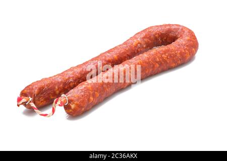 Chorizo Paprika salami Wurst weiß isoliert Stockfoto