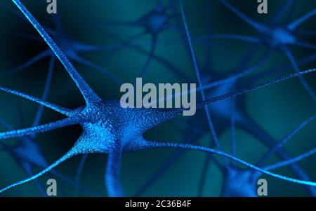 Nervenzellen im Gehirn. Multipolare Neuron auf dunklem Hintergrund. 3D-Rendering. Stockfoto