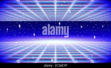 Retro neon Hintergrund mit 80s Laser Raster und Sterne Stil Stock Vektor