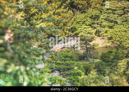 Große Steinbrücke namens Togetsu Brücke auf einem Teich unter einem großen mapfel Baum im Garten von Rikugien Stockfoto