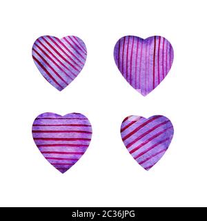 Satz von Aquarell violett Herzen. Zarte lila Hintergrund mit Papier Textur mit Rosa vertikalen, horizontalen und diagonalen Linien. Für Hochzeit invitatio Stockfoto