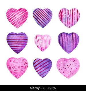 Satz von Aquarell rosa und lila Herzen. Zarte lila Hintergrund mit Papier Textur mit geraden und gewellten Linien, Punkte und Striche. Für Hochzeit inv Stockfoto
