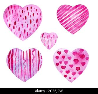 Satz von Aquarell rosa Herzen. Zarte lila Hintergrund mit Papier Textur und diagonale Striche, Linien und Punkte und Herzen. Für die Hochzeit Einladungen ein Stockfoto