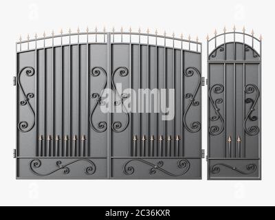 Black Metal Gates auf weißem Hintergrund 3d Rendering Stockfoto