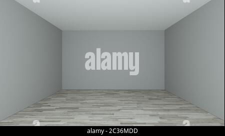 Leerer Raum aus Holzparkett mit bemalten Wänden, 3D-Rendering Stockfoto