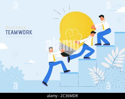 Teamwork Konzept flaches Design mit Geschäftsmann tragen riesige Glühbirne bis zur Treppe, blauer Hintergrund Stock Vektor