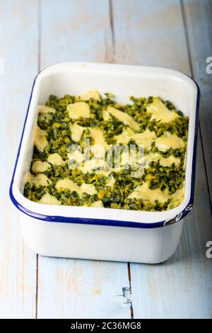 Bayerische Spinat Spätzle in eine Kasserolle Stockfoto