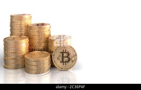 3D-Render Bild der Stapel von bitcoin Goldmünzen auf weißem Hintergrund. Konzept der elektronischen Währung und blockchain Stockfoto
