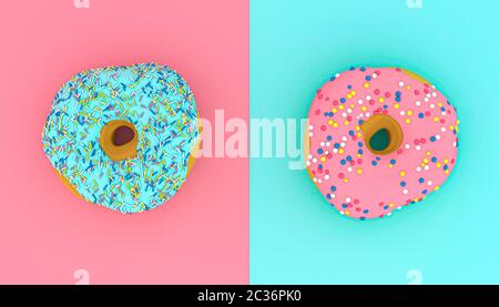 Gerenderten 3D-Bild der Krapfen auf Rosa und Hellblau Hintergrund in Flach Stil. Stockfoto