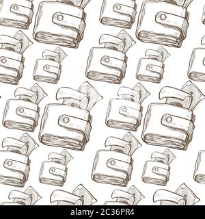 Geldbörse mit Banknoten, Reichtum und Reichtum nahtlose Muster gefüllt Stock Vektor