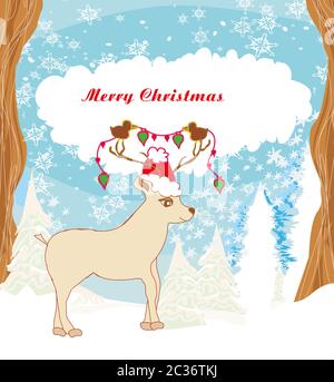 Abstrakte Weihnachtskarte mit Rentieren und Vögel Stockfoto