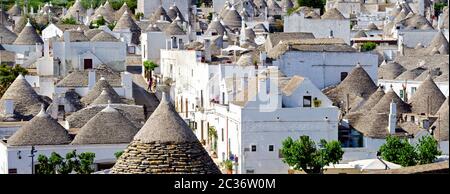 Blick über die weißen Häuser von Alberobello mit Trulli-Dächern in der Region Apulien, Italien Stockfoto