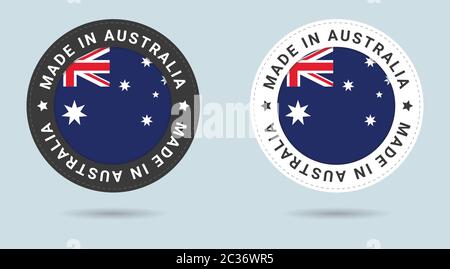 Set mit zwei australischen Sticker. Hergestellt in Australien. Einfache Symbole mit Flags. Stock Vektor