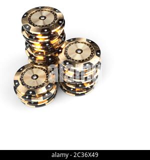 Luxus casino chips in Gold und Schwarz mit Diamond Einsätze auf einem weißen Hintergrund. 3D-Render Bild Stockfoto