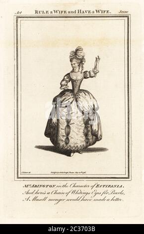 Frau Frances Abington in der Figur der Estidania in John Fletchers Rule a Wife and have a Wife, Drury Lane Theatre, 1766. Fanny Abington war eine britische Schauspielerin, bekannt für ihre Schauspielerei und ihre Mode, 1737-1815. Kupferstich nach einer Illustration von James Roberts vom British Theatre von Bell, bestehend aus den angesehensten englischen Stücken, John Bell, London, 1776. Stockfoto