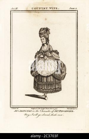 Frau Frances Abington in der Figur von Frau Margery Pinchwife in William Wycherleys The Country Wife, Drury Lane Theatre, 1767. Fanny Abington war eine britische Schauspielerin, bekannt für ihre Schauspielerei und ihre Mode, 1737-1815. Kupferstich nach einer Illustration von James Roberts vom British Theatre von Bell, bestehend aus den angesehensten englischen Stücken, John Bell, London, 1777. Stockfoto