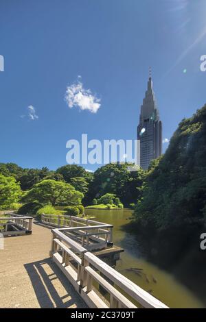 Shinjuku Docomo Turm mit Blick auf den oberen Teich Zickzack-förmigen Brücke und die Kiefer und Ahorn Fores Stockfoto