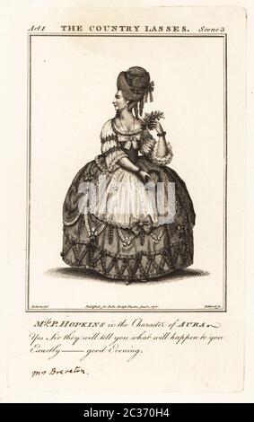 Miss Priscilla Hopkins in der Figur der Aura in Charles Johnsons The Country Lasses. In London spielte sie jedoch nicht die Rolle. Priscilla Hopkins, 1756-1845, war eine englische Schauspielerin, die den Schauspieler William Brereton 1777 und später John Philip Kemble 1787 heiratete. Kupferstich von R. Pollard nach einer Illustration von James Roberts vom British Theatre von Bell, bestehend aus den angesehensten englischen Stücken, John Bell, London, 1778. Stockfoto