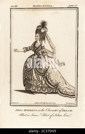 Mrs Elizabeth Hopkins in der Figur von Irene in John Brown’s Barbarossa. In London spielte sie die Rolle jedoch nicht, 1761 spielte sie ihre Mutter. Frau Michael Sharp, 1756-1801, Tochter von William Hopkins und Schauspielerin Elizabeth Hopkins. Kupferstich von J. Thornthwaite nach einer Illustration von James Roberts vom British Theatre von Bell, bestehend aus den angesehensten englischen Stücken, John Bell, London, 1777. Stockfoto