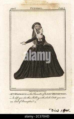 Mrs Elizabeth Hopkins in der Figur von Lady Brumpton in Richard Steeles The Funeral, Drury Lane Theatre, 1770. Frau Michael Sharp, 1756-1801, Tochter von William Hopkins und Schauspielerin Elizabeth Hopkins. Kupferstich von J. Thornthwaite nach einer Illustration von James Roberts vom British Theatre von Bell, bestehend aus den angesehensten englischen Stücken, John Bell, London, 1776. Stockfoto