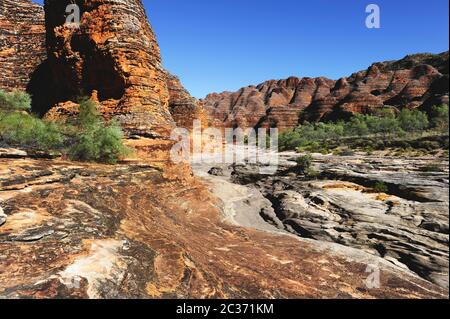 Der Purnululu National Park oder Bungle Bungles ist ein Weltkulturerbe und beliebtes Reiseziel für Touristen im Outback von Western Australia. Stockfoto