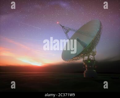 Riesige Satellitenantenne Teller für Kommunikation und Empfang des Signals aus dem Planeten Erde. Sternwarte auf der Suche nach Radio Signal im Raum bei Sonnenuntergang. Stockfoto