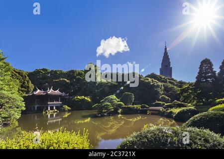 Taiwan Pavillon Kyu-Goryo-Tei mit Blick auf den oberen Teich und umgeben von Kiefer und Ahorn Stockfoto