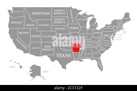 Arkansas rot markiert auf der Karte der Vereinigten Staaten von Amerika Stockfoto