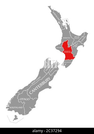 Manawatu-Whanganui rot hervorgehoben Karte von Neuseeland Stockfoto