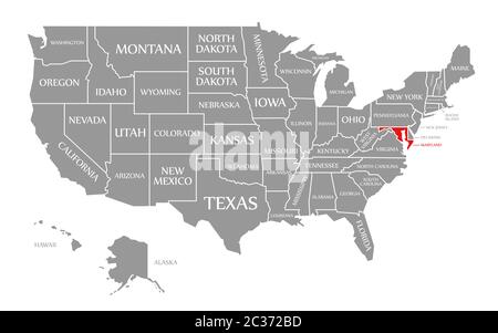 Maryland rot markiert auf der Karte der Vereinigten Staaten von Amerika Stockfoto