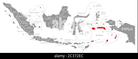 Maluku rot markiert auf der Karte von Indonesien Stockfoto