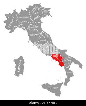 Kampanien rot in der Karte von Italien hervorgehoben Stockfoto