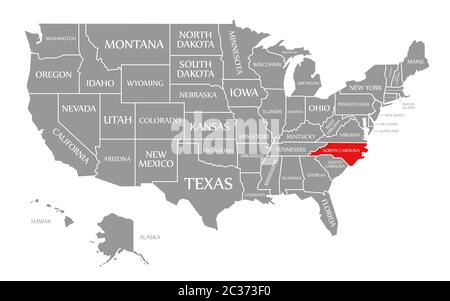 North Carolina rot markiert auf der Karte der Vereinigten Staaten von Amerika Stockfoto