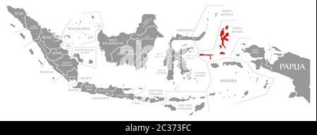 Norden Maluku rot markiert auf der Karte von Indonesien Stockfoto