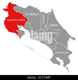 Guanacaste rot markiert auf der Karte von Costa Rica Stockfoto