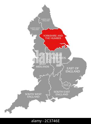 Yorkshire und Humber rot hervorgehoben Karte von England Großbritannien Stockfoto