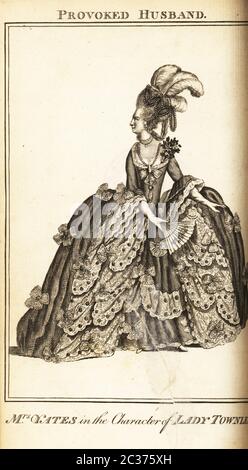 Mrs. Mary Ann Yates in der Figur der Lady Townly in Colley Cibbers provozierter Ehemann. Kupferstich von J. Thornthwaite nach einer Illustration von James Roberts aus dem British Theatre von Bell, bestehend aus den angesehensten englischen Stücken, John Bell, London, 1780. Stockfoto