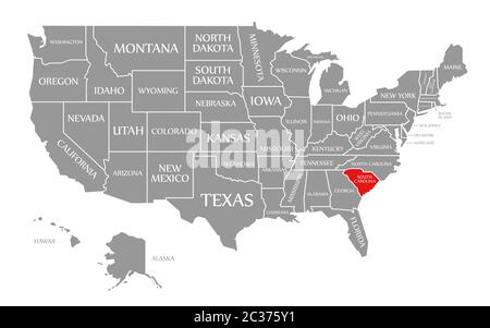 South Carolina rot markiert auf der Karte der Vereinigten Staaten von Amerika Stockfoto