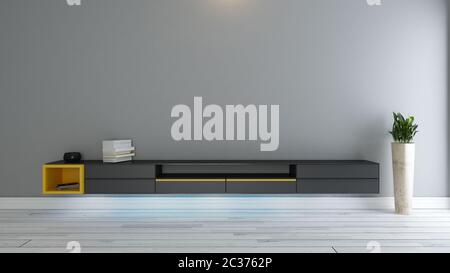 Schwarzer tv-Stand mit Pflanze im Zimmer Dekor Idee 3d-Rendering von Sedat SEVEN Stockfoto