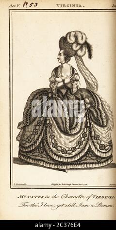 Mrs. Mary Ann Yates in der Figur von Virginia in Henry Crisp Virginia. 1754 spielte sie jedoch die Rolle der Marcia am Drury Lane Theater. Kupferstich von J. Thornthwaite nach einer Illustration von James Roberts aus dem British Theatre von Bell, bestehend aus den angesehensten englischen Stücken, John Bell, London, 1780. Stockfoto