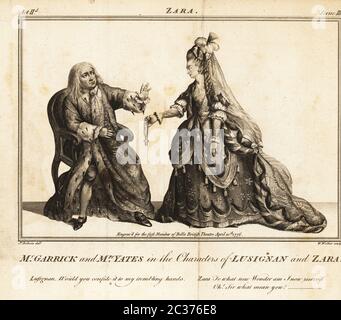 David Garrick und Mary Ann Yates in den Figuren Lusignan und Zara in Aaron Hill’s Zara, Drury Lane Theatre, 1758. Kupferstich von W. Walker nach einer Illustration von James Roberts aus dem British Theatre von Bell, bestehend aus den angesehensten englischen Stücken, John Bell, London, 1780. Stockfoto