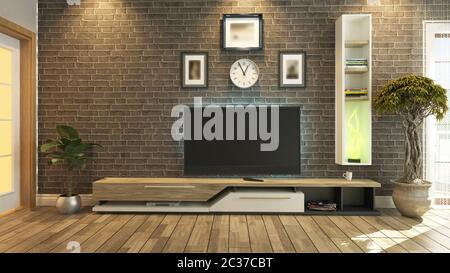 3D Rendering tv-Raum, Salon oder Wohnzimmer mit Ziegelwand Pflanzen und tv-Design von sedat Seven Stockfoto